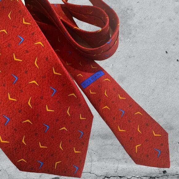 BVLGARI Sevenfold Silk XL Necktie ITALY Luxury Designer BOOMERANG Red PERFECT - Picture 8 of 8